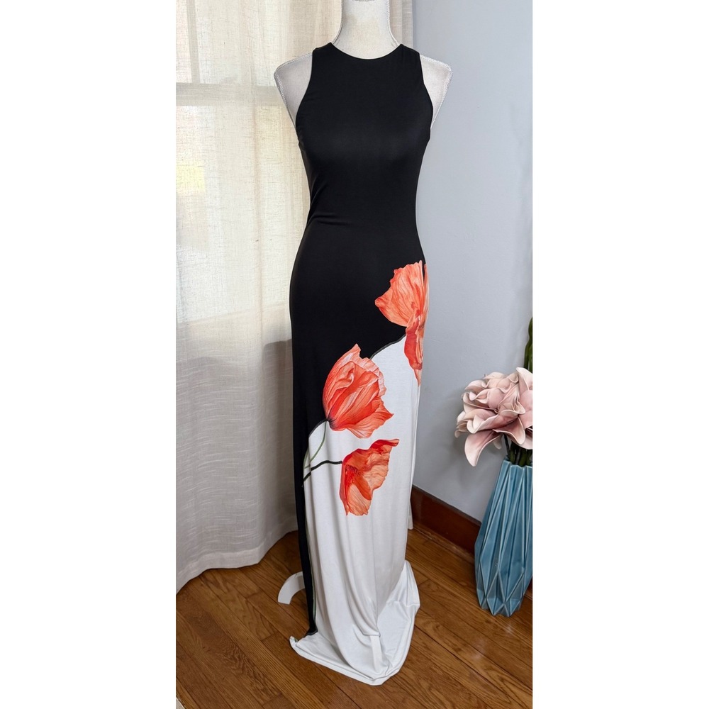NWT Alice + Olivia Pania Maxi Dress Dream Life Poppy Floral Size 6 Black White